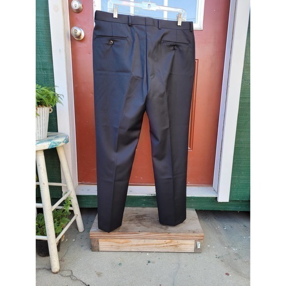 Calvin Klein Black Stripe Slim Fit Hipped Seam Pockets, Men's Wool Dress‎ Pants - Picture 2 of 7